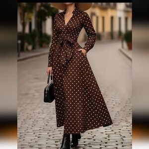Elegant Brown Polka Dot Dress